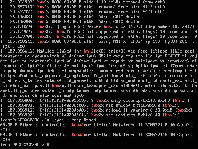 Kernel boot logs showing the bnx2x driver creating an Oops in the kernel.