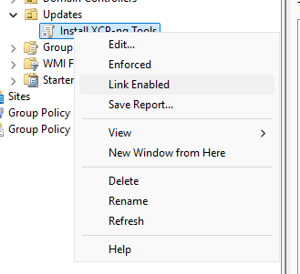 The new GPO link's right-click menu, highlighting that "Link Enabled" is unchecked.