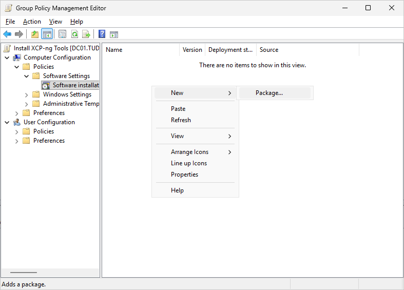 The Group Policy Management Editor showing how to add a new "Software Installation". Right-click the empty area of "Software installation", select "New" - "Package".