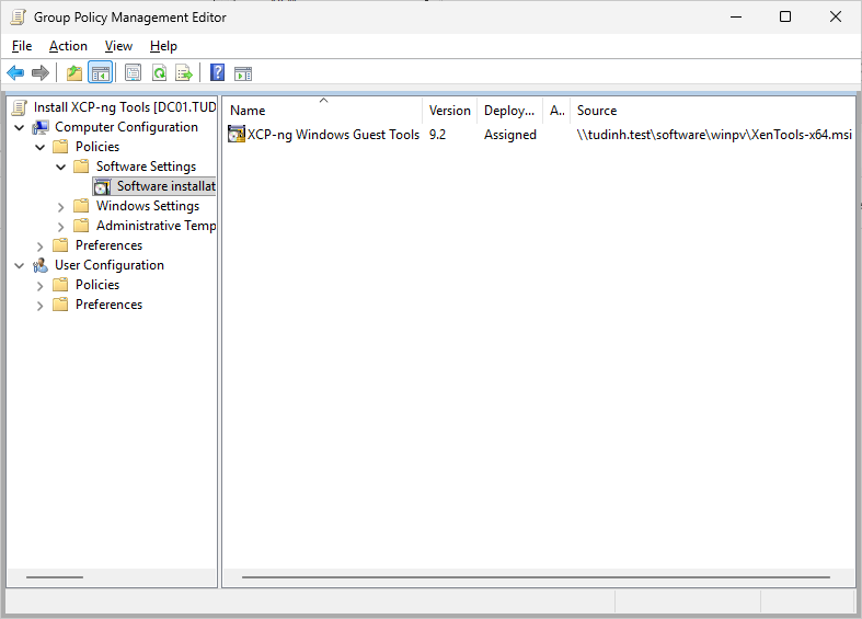 The Group Policy Management Editor showing the configured software installation. The "XCP-ng Windows Guest Tools" software installation entry is visible, with version 9.2, deployment method Assigned, and a path to the installer MSI as specified above.