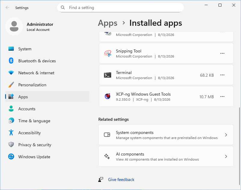 Windows application list showing the installed tools version: XCP-ng Windows Guest Tools 9.2.350 (latest at the time of writing).