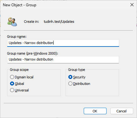 From Active Directory Users &amp; Computers: the New Object - Group dialog creating "Updates - Narrow distribution".