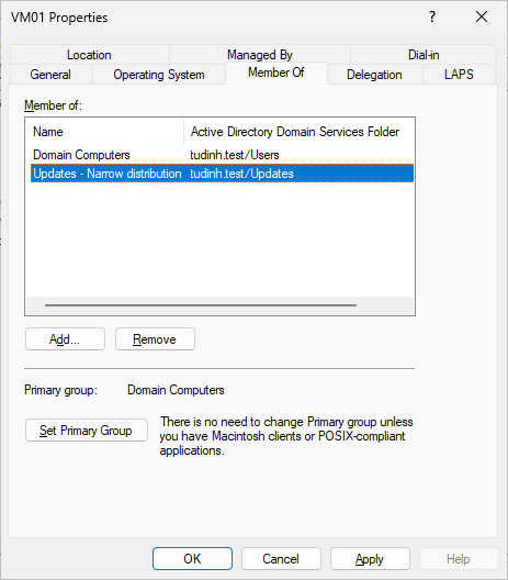 The Member Of tab of a computer object, showing "Updates - Narrow distribution" in "Member of".