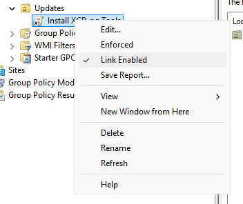 The GPO link's right-click menu, highlighting that "Link Enabled" is checked.