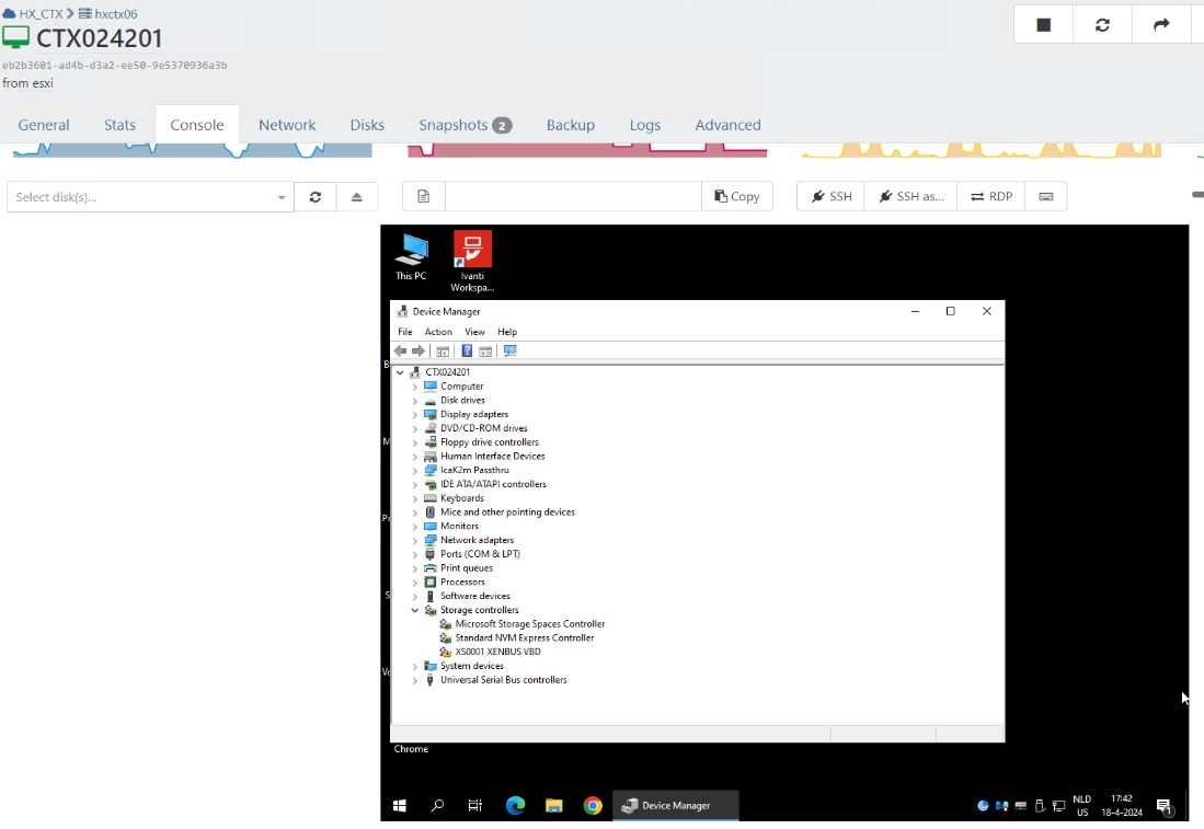 Console tab view of a windows device manager showing not working PV drivers.