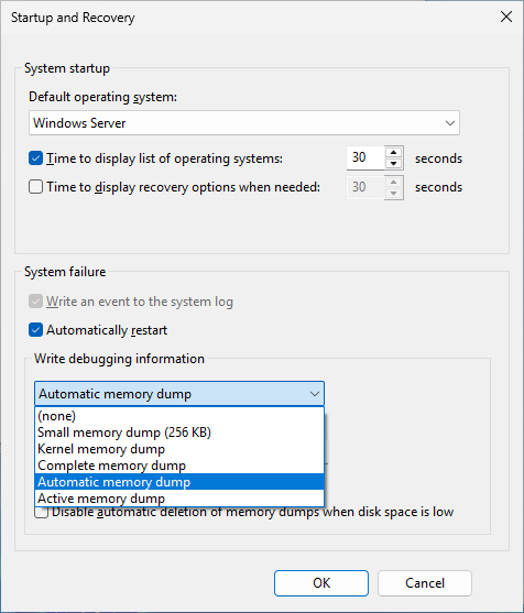 Advanced system settings - Startup and Recovery - Write debugging information configured to Automatic memory dump.